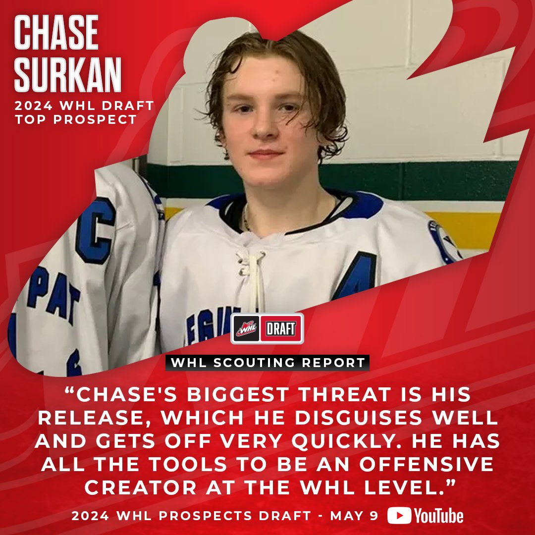 Allow us to introduce you to Chase Surkan. With 73 goals and 137 points in 27 games, Surkan finished third in all-time scoring in the SAAHL U15 division, all while averaging five points-per-game. The forward won the SAAHL U15 Championship with the Regina Pat Blues. #WHLDraft