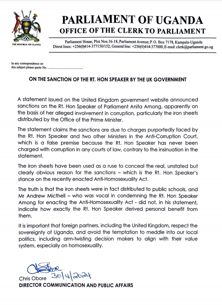 “The iron sheets have been used as a ruse to conceal the real, unstated but clearly obvious reason for the sanctions - which is the speaker @AnitahAmong stance on the recently enacted Anti-Homosexuality Act.”