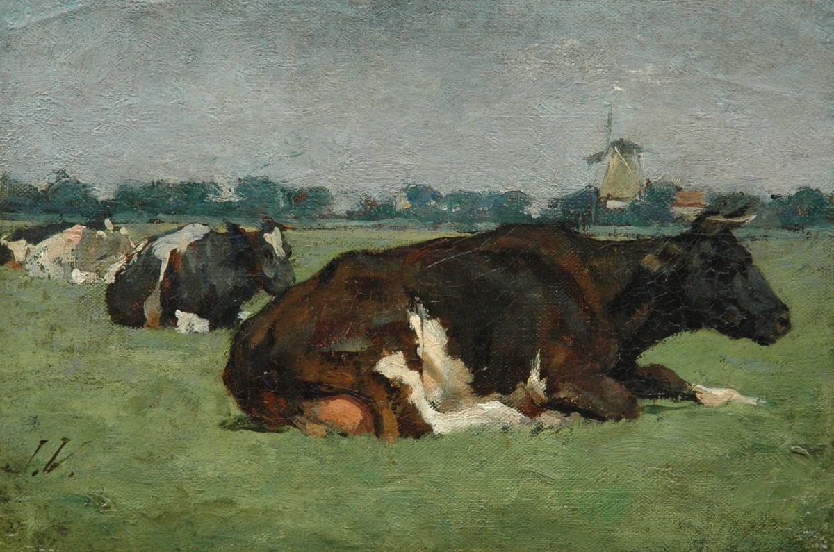 Land met wolken als kastelen 
Wijde velden, weeld’rig gras. 
Bonte koeien gaan daartussen 
Vlinders die de bloemen kussen 
Bollend zeiltje op een plas

#Nederland 🇳🇱

🎨 Jan Voerman sr.