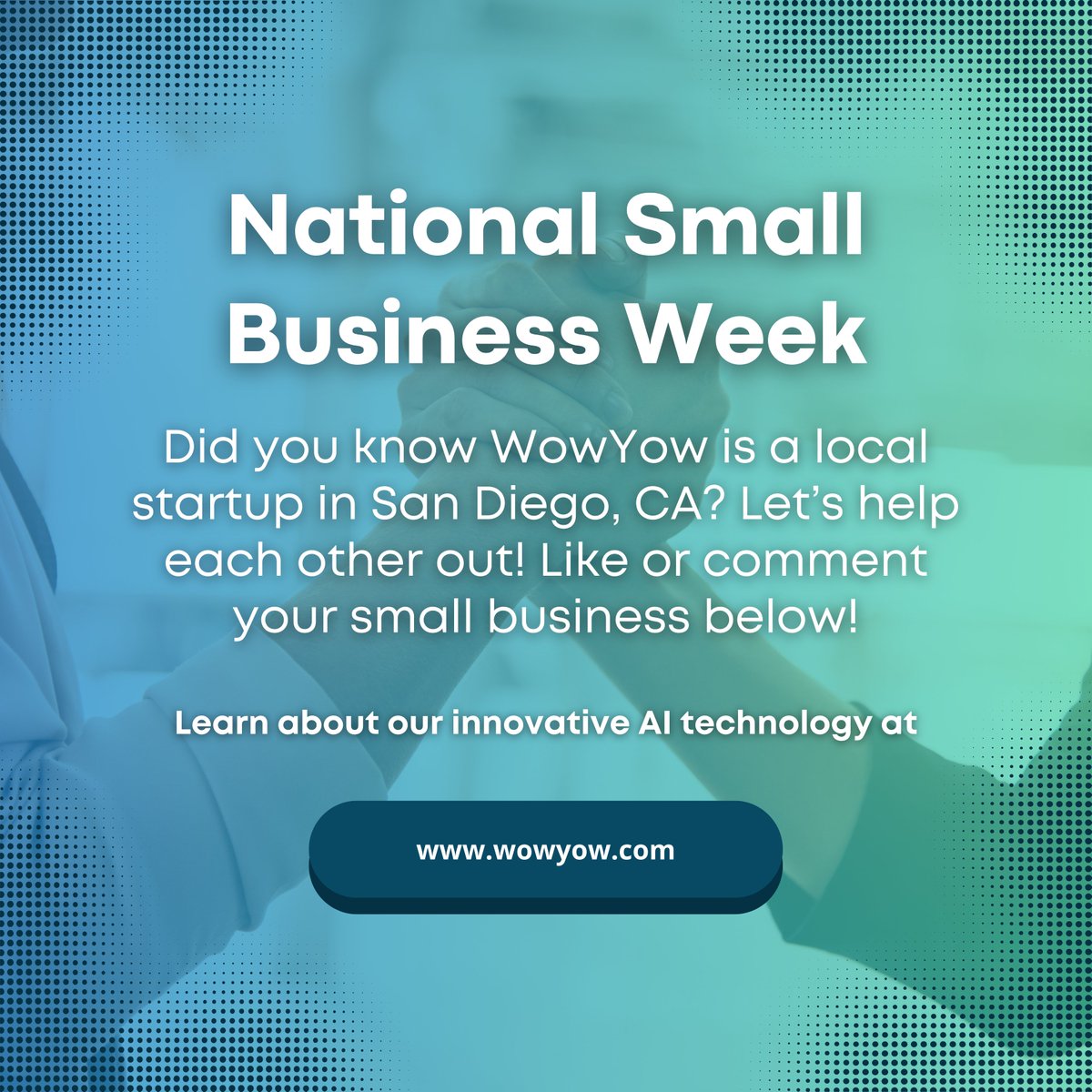 WowYow's tweet photo. 📣  #Shoutout to all #SmallBusiness out there! We're a local San Diego 🏖 startup with innovative adtech, using innovative AI technology. 🤖 What do you do? 👇👇 COMMENT BELOW WHAT YOUR SMALL BUSINESS IS AND WHAT YOU DO! 👇👇

#SanDiego #technology #SmallBusinessWeek #comment https://t.co/SR3X0P657y