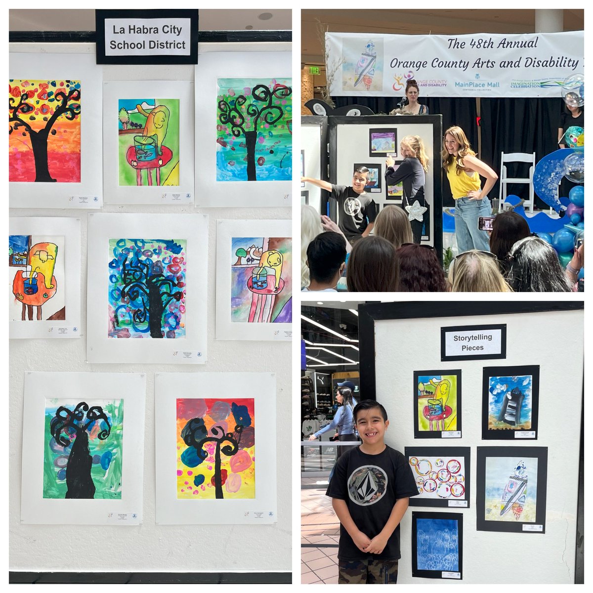 Proud moment at the 48th OC Arts & Disability Festival with artwork by our TK-2nd grade special education students! Shoutout to Rafael, whose piece was 1 of 10 chosen for storytelling by Jessica Hayes. Loved seeing his big smile and his parents there! @LHSchools #LHCSD #K2Art