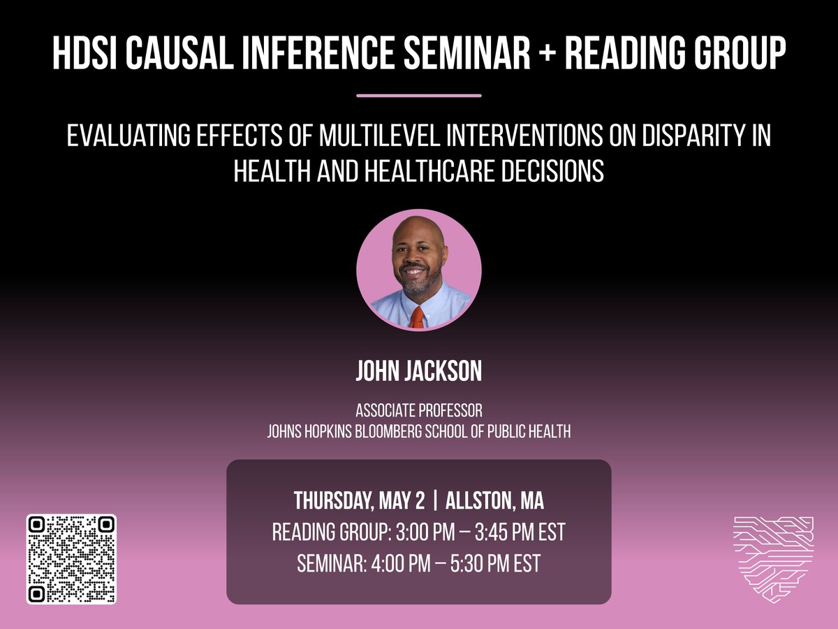 🙌 HAPPENING TODAY at 4:00 PM! Causal Seminar: John Jackson, @JohnsHopkinsSPH Title: Evaluating Effects of Multilevel Interventions on Disparity in #Health + #Healthcare Decisions 🙋🏻‍♀️ We hope to see you there! View event details: datascience.harvard.edu/calendar_event…