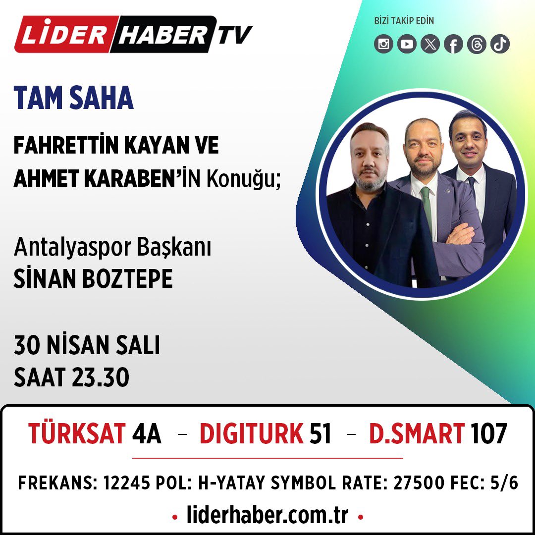 📺 Başkanımız Sinan Boztepe, bugün akşam saat 23.30’da Lider Haber TV ekranlarından canlı yayınlacak Tam Saha programının konuğu olacak. #BitexenAntalyaspor