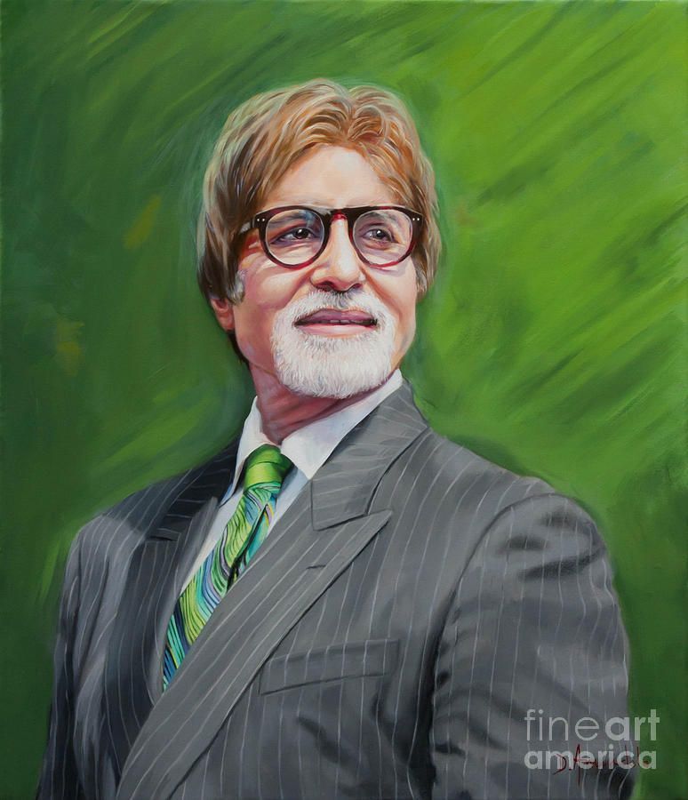 Amitabh Bachchan Portrait 2 by Dominique Amendola buff.ly/2HvgvyC
A portrait of the famous actor Amitabh Bachchan, wearing a gray suit, and a green tie, with a smiling face, on a green background.