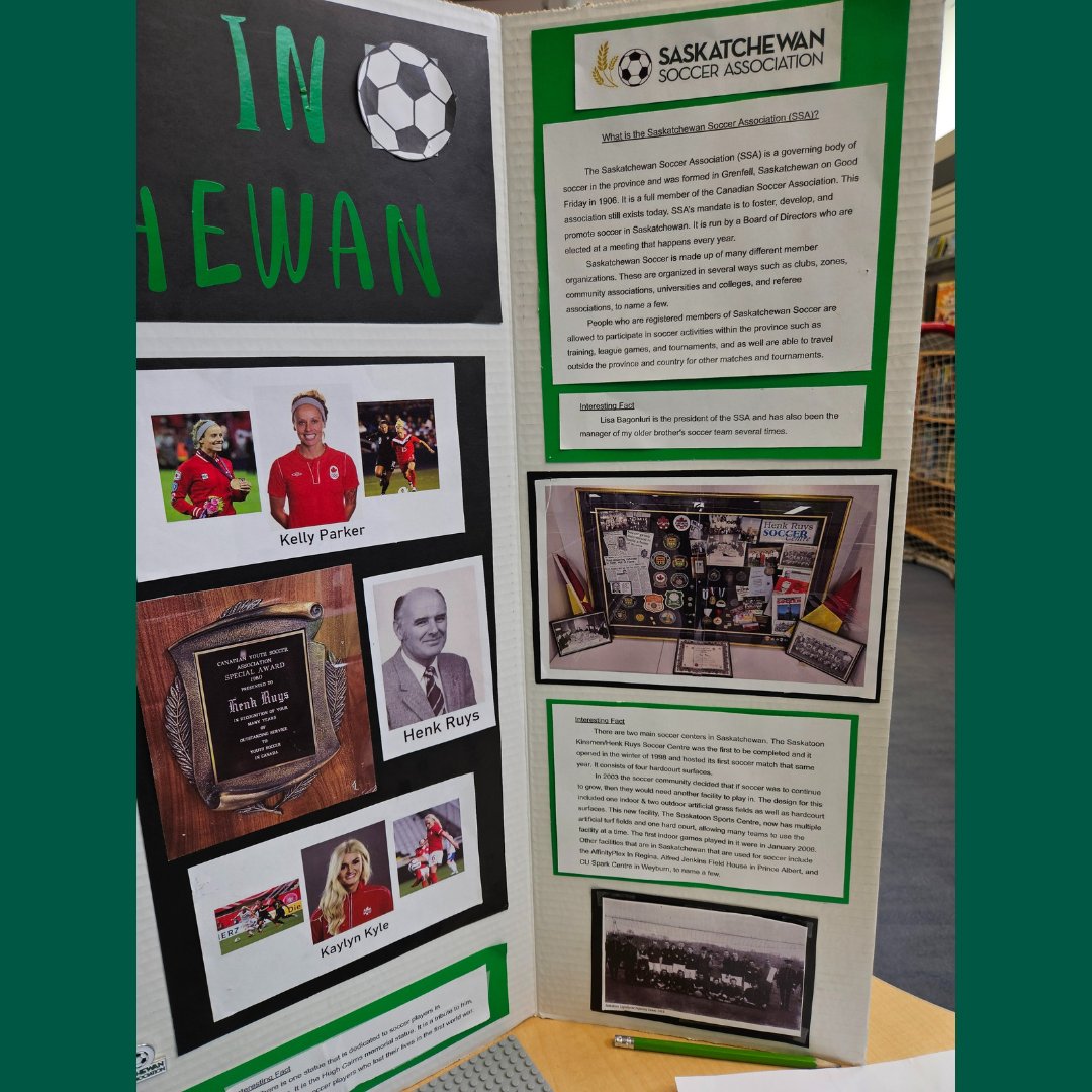 Check out Parker Merrifield's amazing project, 'Soccer in Saskatchewan,' showcased at Willowgrove School's Heritage Fair! It's a celebration of our local heritage and the beautiful game that brings communities together! Great job Parker! #sasksoccer #skproud