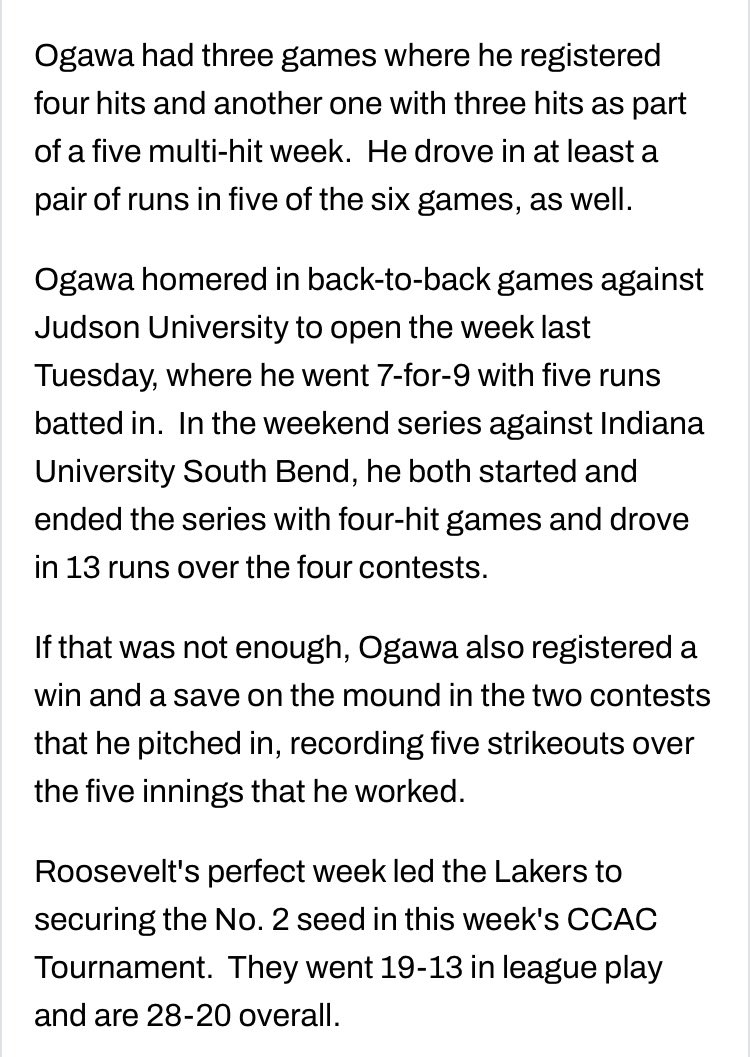 CCAC PLAYER OF THE WEEK 

Congrats to Koa Ogawa after a phenomenal week both at the plate and on the mound.

The Lakers look forward to competing in the CCAC conference tournament starting on Thursday 4pm vs St Ambrose at Joliet Slammers Stadium!

…

#baseball #collegebaseball