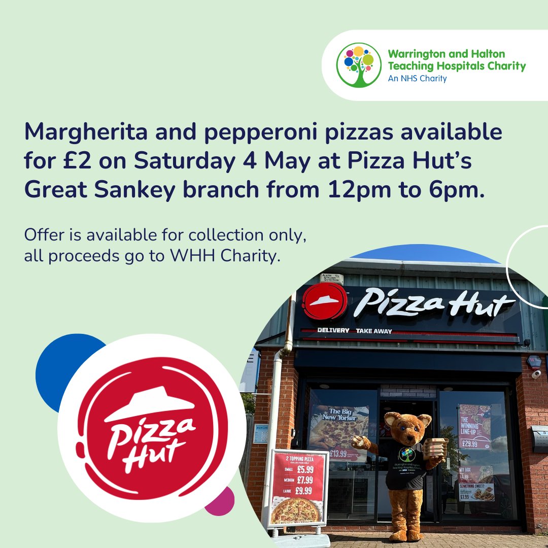🍕 Support our 'Raising Dough' <a href="/pizzahutuk/">Pizza Hut UK</a> promo! Get a medium margherita or pepperoni pizza for £2 from its Great Sankey branch, with proceeds benefiting WHH Charity.

Available for collection only on 4 May, 12pm-6pm. Max 5 pizzas per transaction.

#RaisingDough