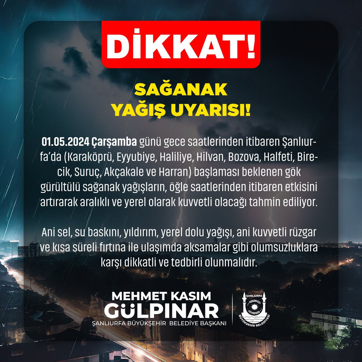 Lütfen Dikkat! 

Bölgemiz için meteorolojiden uyarı.