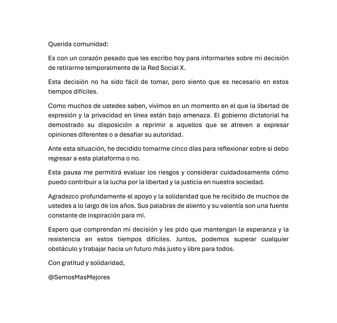 Carta a la ciudadanía.
Me veo empujado a retirarme a reflexionar cinco días para que penséis si merecéis que siga en esta Red social y así lo haré.
#TeamVox
#SiMeQueréisIrse
#EsteMundoSeAcaba