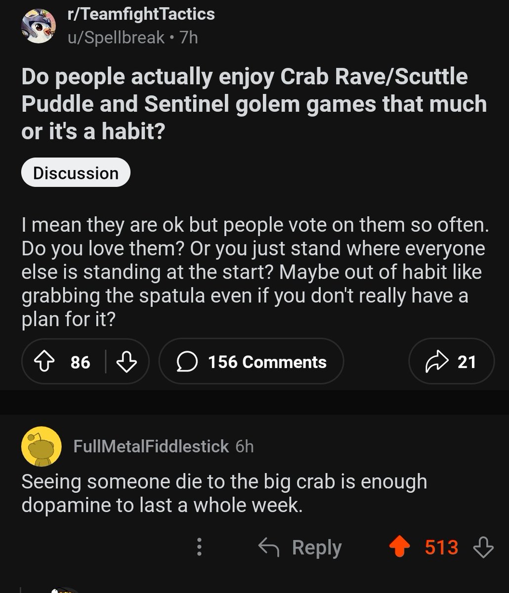 Reddit reply of the year right here. Having Crab secure me a top four after I fell off completely is enough dopamine to last a month.