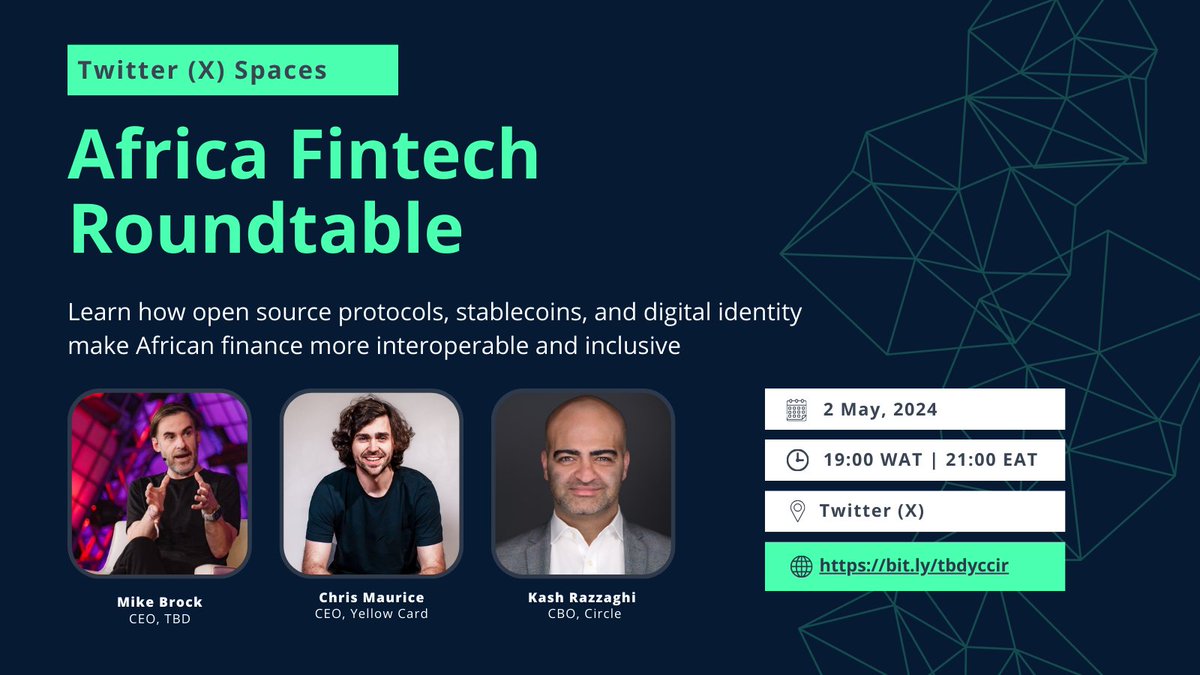 🗓️ Mark your calendars to join us for a live Africa Fintech Roundtable discussion on Twitter Spaces featuring TBD’s @brockm, @circle’s @KashRazzaghi , and @yellowcard_app’s @chrismaurice. 2 May at 19:00 WAT / 21:00 EAT twitter.com/i/spaces/1lPJq…