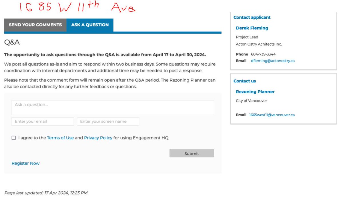 City of Vancouver 'Consultation Failure 101.' CoV relies 100% on online consultation, rarely anything in person. But here, on last day of online Q&A period, not even one question has been published. Lack of respect to the public.