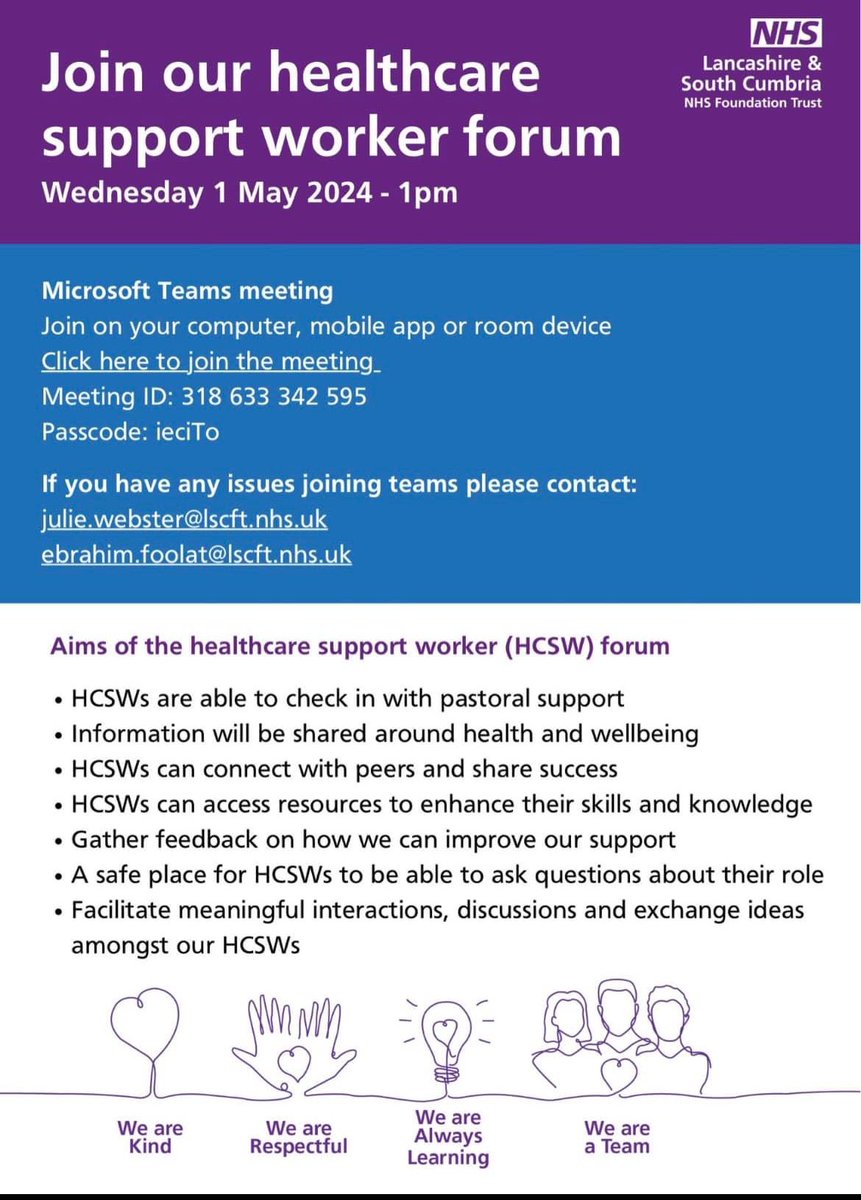 Just a reminder for @WeAreLSCFT HCSWs your first trust wide forum is happening tomorow and leads please encourage your HCSWs to attend what we hope will be an ongoing supportive platform @GoalsOlivers @pauljebb1 @ChrisOliverNHS @CharlotteNic7 @RebeccaLSimpson please RT