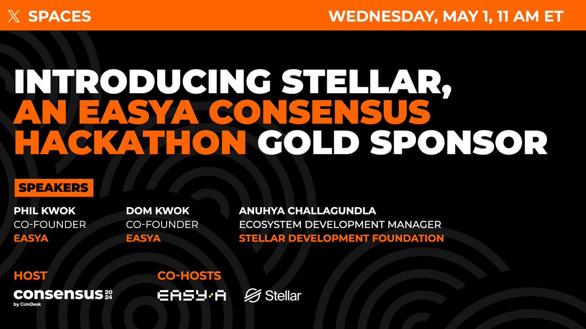 Hey devs, come find out more about the @EasyA #Consensus2024 Hackathon and our gold sponsor @stellarorg. Join Easy A co-founders @kwok_phil and @dom_kwok and Stellar's @anuxhya on Spaces on Wednesday, May 1 at 11 a.m.! Set a reminder: twitter.com/i/spaces/1RDGl…