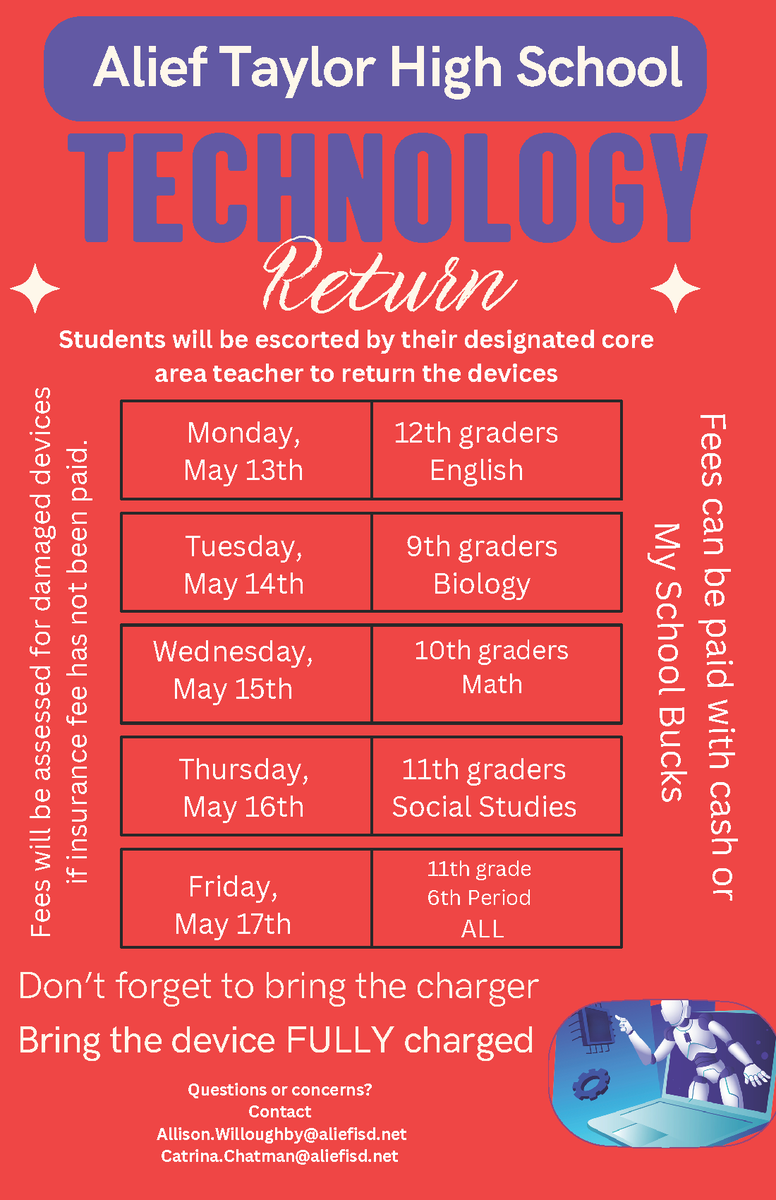 Taylor Technology check in will start May 13th! Make sure you bring the charger, bag and tech fee if you haven't paid it!