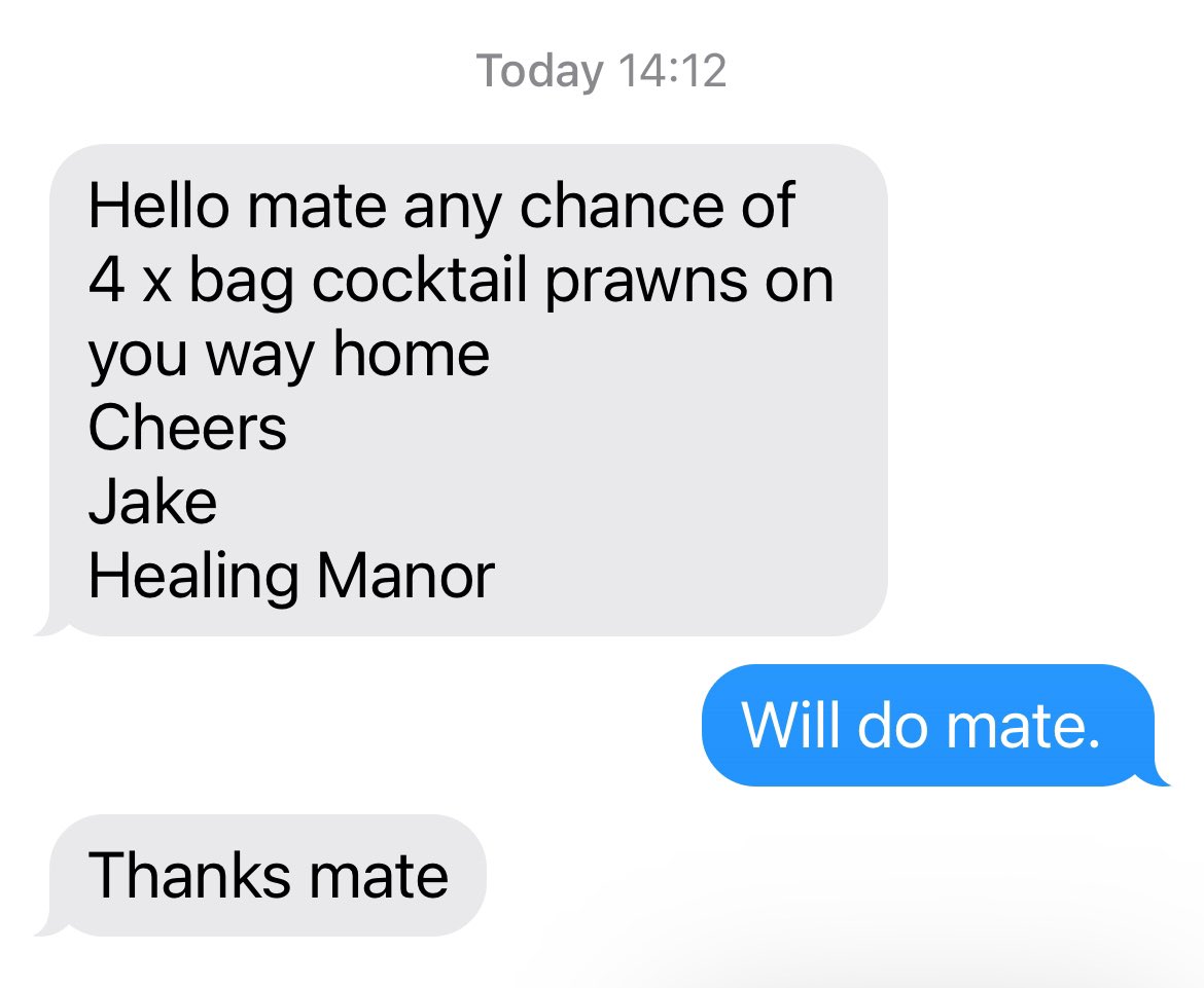 So, early finish today, & I’m sat having a delicious prawn sarnie for my lunch at my local @HealingManor (outside may I add Whoopie!!☀️) When this text comes thru. Looks like my dinner cleaned them out😄 Thankfully the delivery took place once I’d passed the text onto the team🦐