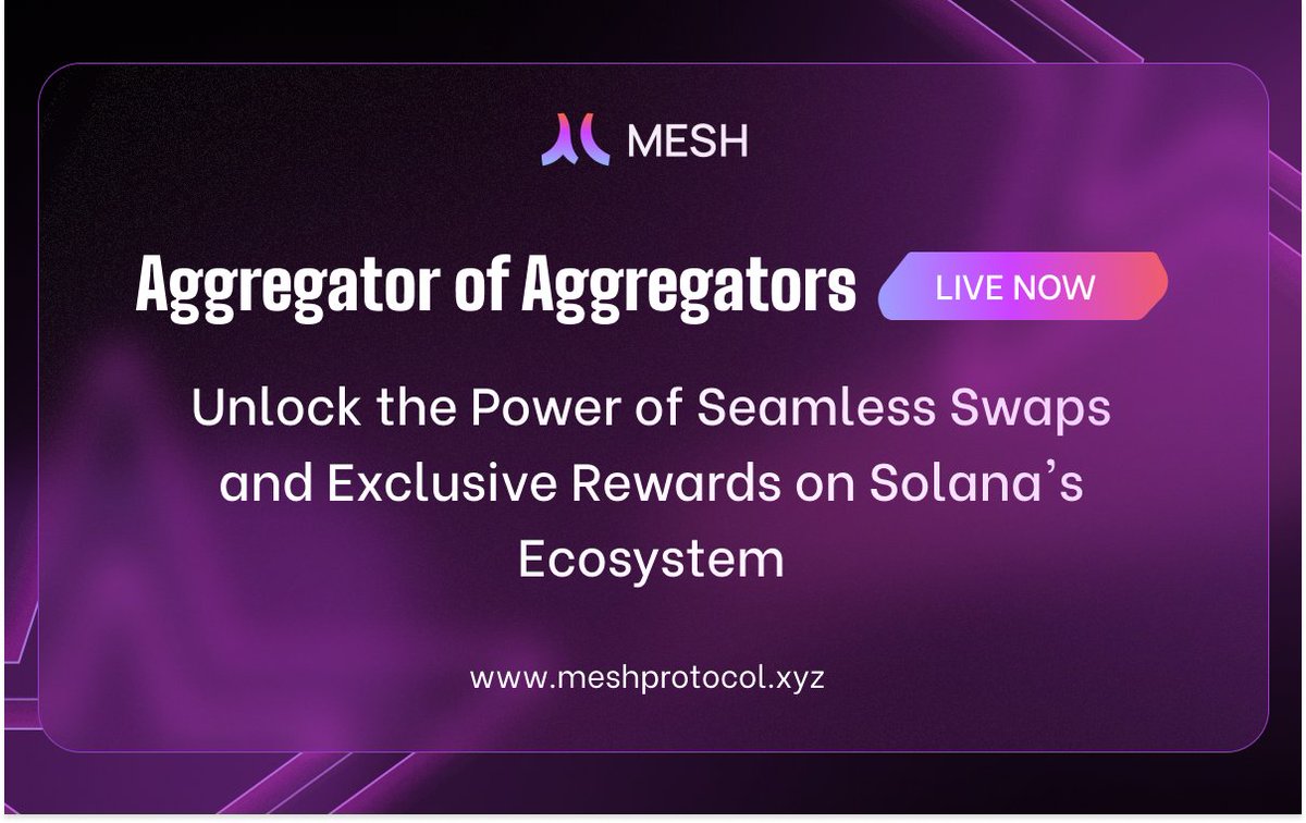1/ The wait is over! @MeshProtocol's Aggregator of Aggregators is now LIVE! 🎉

Swap seamlessly across the #solana ecosystem with one interface. 

Check it out here: app.meshprotocol.xyz/swap 

A thread....

#DeFi #MeshProtocol