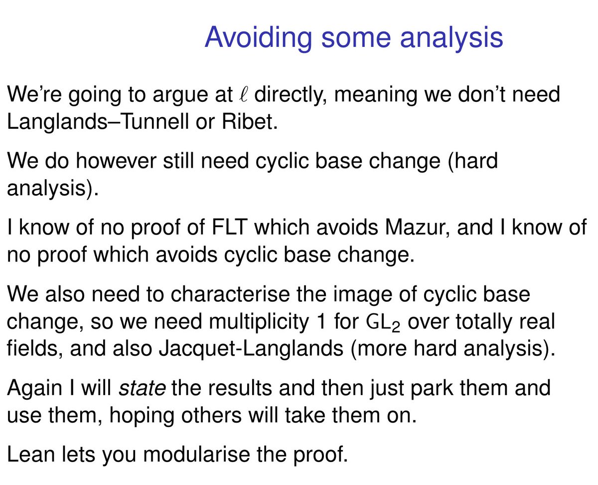 Here are some of the results (from the 80's) that will be 'parked' (until the main modularity work is done): - Mazur (torsion rank of elliptic curve over Q is bounded by 16) - cyclic base change (but no longer need Langlands-Tunnell, which was used in the original Wiles…