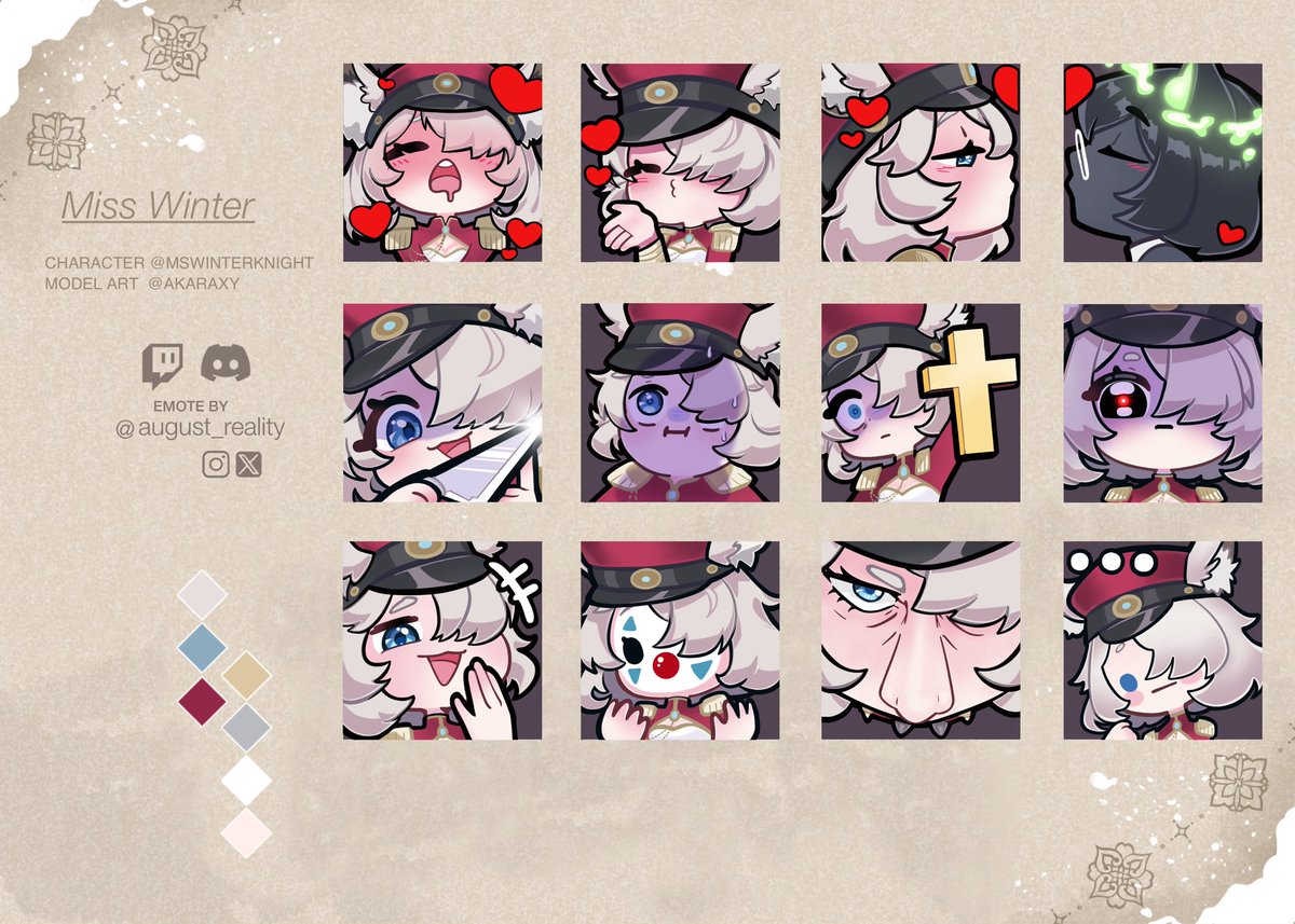 Twitch/Discord Emote Commission, 12 set!
Commissioned by: @MsWinterKnight ❄️🌹
Thank you so much for your patronage! (˶‾᷄ ⁻̫ ‾᷅˵)🌻✨

#MsWintART #VtubersUprising 
#commisionsopen #emote