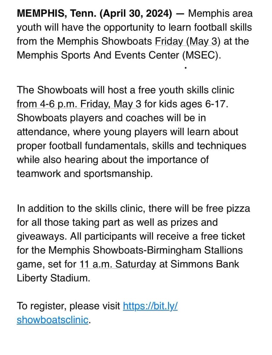 Come out Friday and learn skills from the Memphis Showboats and the coaching staff. We look forward to seeing you all there. Spread the word. #goboats