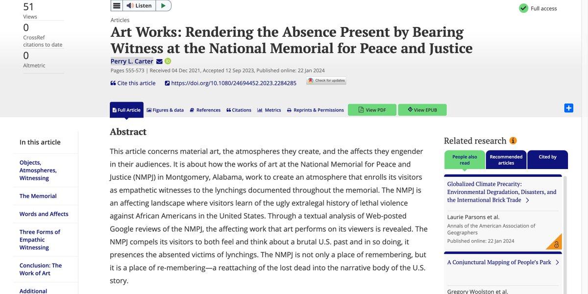 Carter delves into the affecting power of material art on viewers at the National Memorial for Peace and Justice examined through a textual analysis of Google reviews. Learn more about the findings: bit.ly/43Rt4PJ