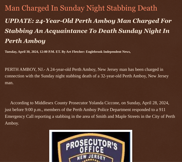 Tuesday, April 30, 2024 Man #Charged In #Sunday_Night #Stabbing_Death @UPDATE: 24-Year-Old @PerthAmboynj Man Charged For #Stabbing An Acquaintance To #Death #Sunday #Night In @PerthAmboy #murder #homicide #arrest #middlesexcountynj @wireless_step @HRG_Media @LodiNJNews…