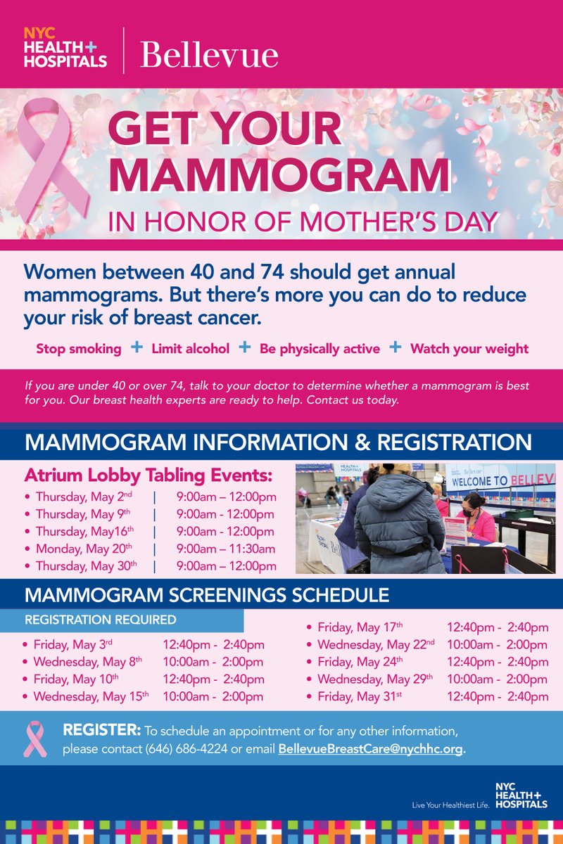 It's almost #MothersDay! Is there a woman you care about between the ages of 40-74? Encourage them to get an annual mammogram screening to reduce the risk of breast cancer. To schedule an appointment, call 646-686-4224.