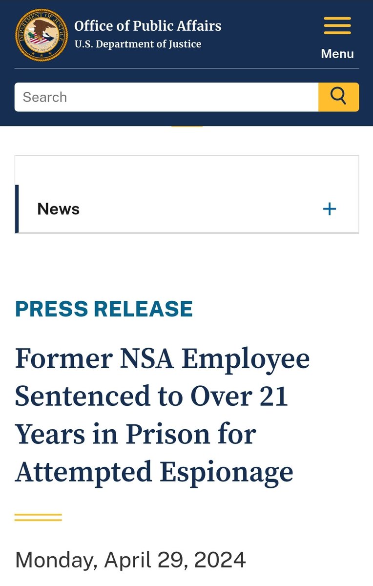 NSA employee Jareh Sebastian Dalke, 32, of Colorado Springs, sentenced to 21 years in prison for trying to sell secrets to Russia for $85,000. @JDVance1 @RandPaul should take note.