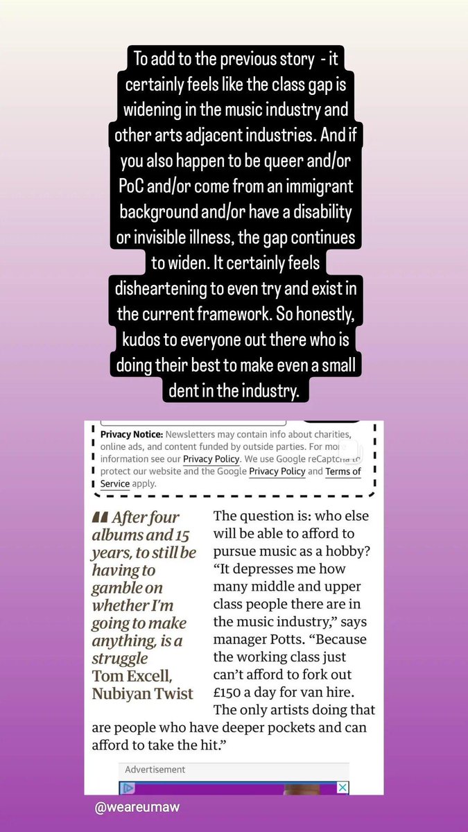 To add to the previous tweet, it honestly feels like the class gap between the have and have-nots in the music industry and arts adjacent industries is widening. Added layers for queer artists, PoCs, people with a disability etc. Honestly feels disheartening at times!