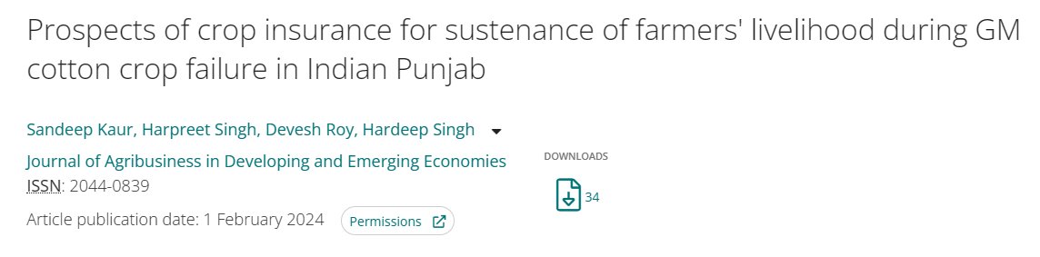 #NowReading Prospects of crop insurance for sustenance of farmers' livelihood during GM cotton crop failure in Indian Punjab. 🖊️By Sandeep Kaur, Harpreet Singh, Devesh Roy, and Hardeep Singh. 🔗👉doi.org/10.1108/JADEE-… @CGIAR