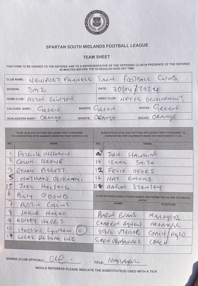 Aston Clinton vs Swans Dev This evening’s line up.