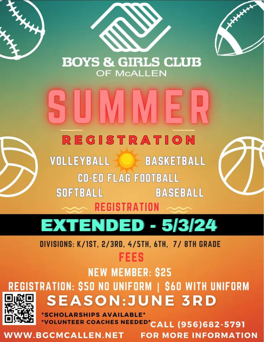 For any students interested in playing sports this summer! Sign up here bgcmcallen.net/s/ 🚀 @Rockets120