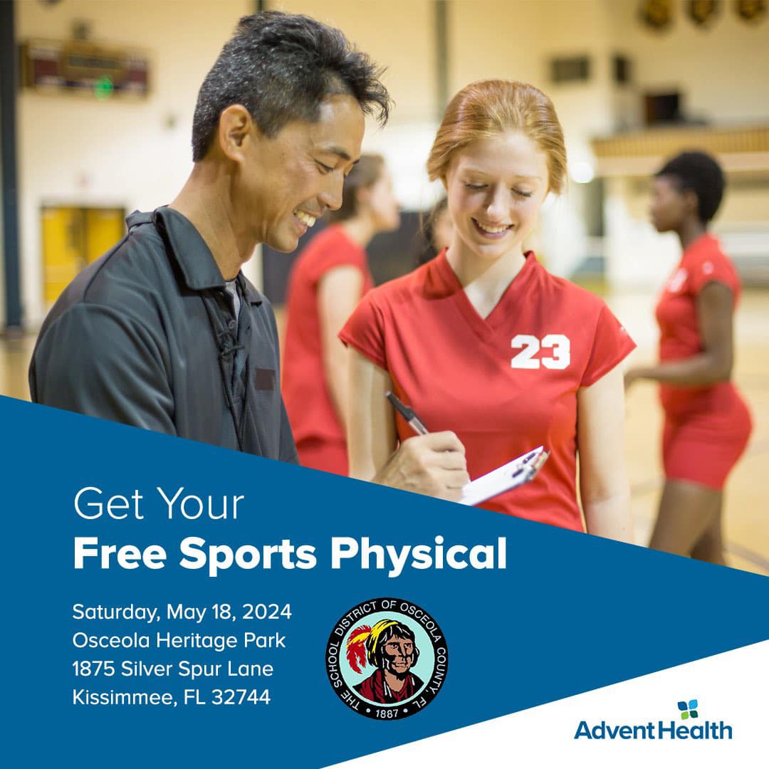 Is your student interested in playing a sport next school year? If so, they're required to submit an updated sports physical. AdventHealth is hosting free physicals on Saturday, May 18th, from 8:00 a.m. to 2:00 p.m. at Osceola Heritage Park. Sign up: bit.ly/FreeSportsPhys…