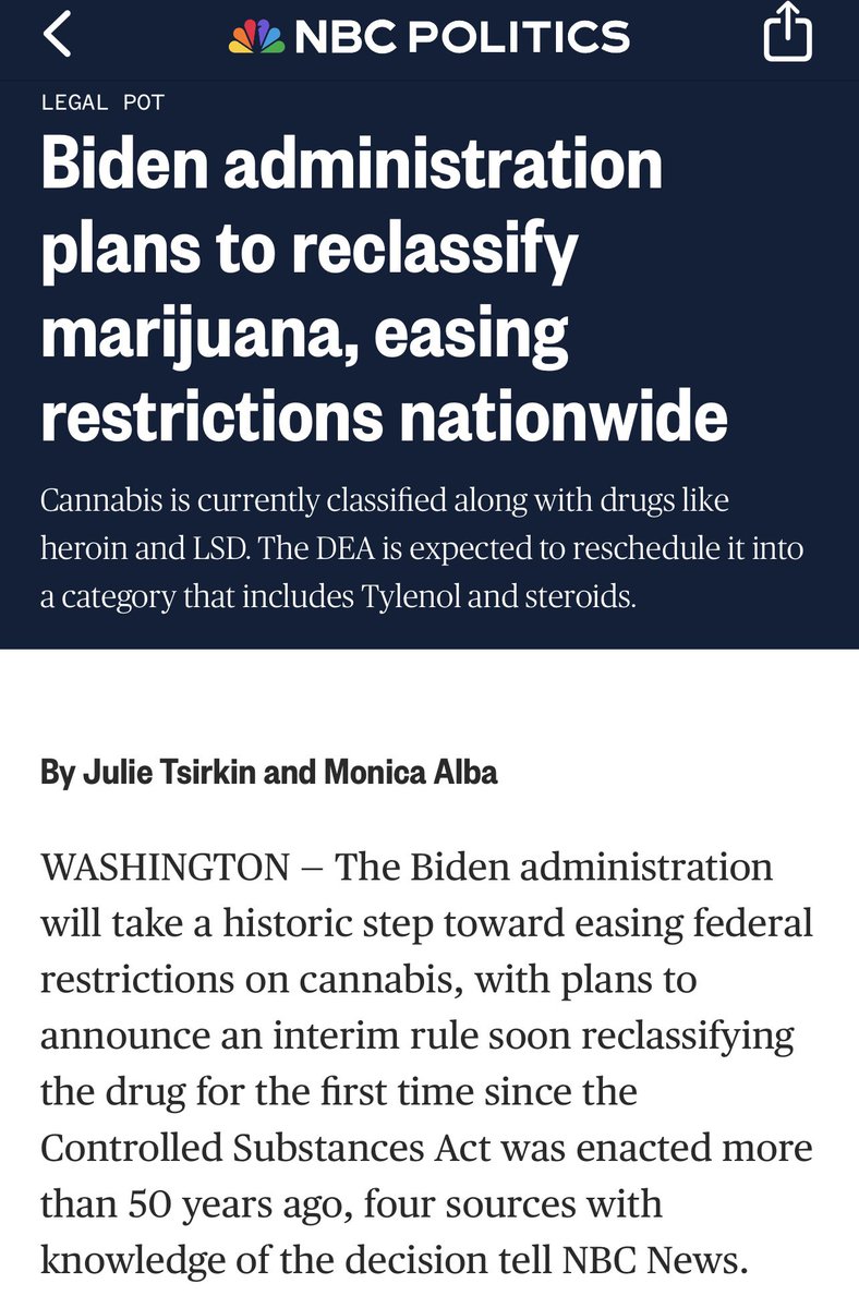 This is a bold step and so long overdue. Marijuana should have never been a Scheduled 1 narcotic in the first place — on the same level as heroin never made sense. Thank you @JoeBiden 🚨Biden administration plans to reclassify marijuana, easing restrictions nationwide