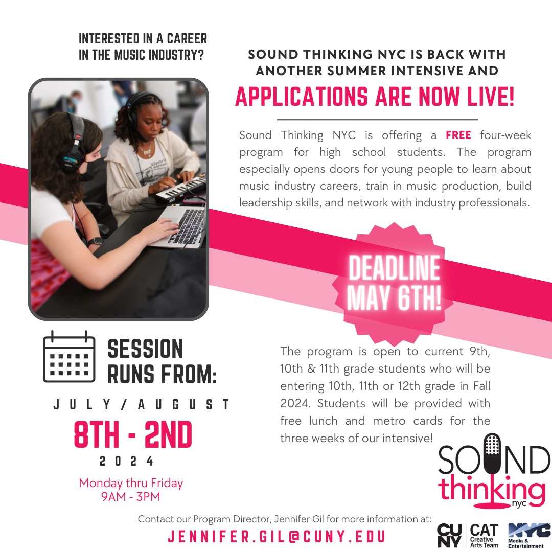 Attention NYC High School Students - do you love music and making it? Want to know more about being a part of the music industry like your faves? @NYCSchools 🎶

Apply now for MOME's FREE Sound Thinking NYC 4-week summer session with @cunycat74: bit.ly/summer24app 👈