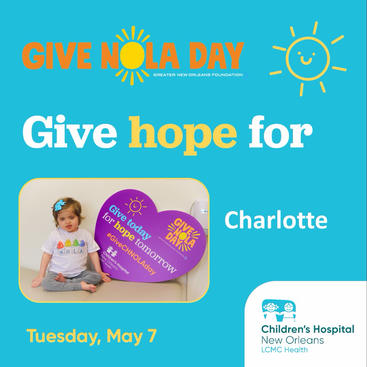 One week away from #GiveNOLADay with the @GNOFoundation! You can schedule your gift to support Children's Hospital New Orleans Center for Cancer and Blood Disorders today at givenola.org/chnola to help kids like Charlotte! 💙 #GiveCHNOLA #chnolaproud #beatcancer #gnd2024