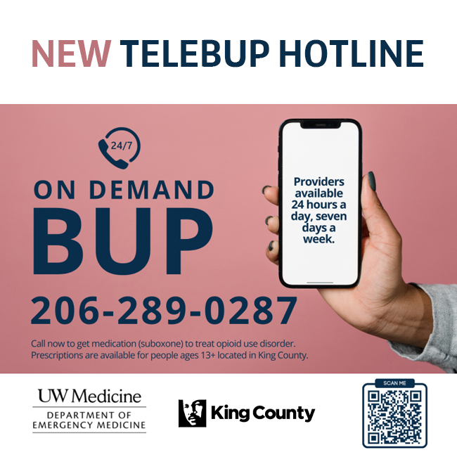 #DYK there's a NEW Tele-#buprenorphine HOTLINE serving #KingCounty 📞CALL (206) 289-0287 anytime 24/7 for FREE #telehealth visits +PLUS On-Demand treatment year-round @UWMedicine @UWashEM @kcpubhealth

Learn more & share >> hiprc.org/blog/telebup-h…
