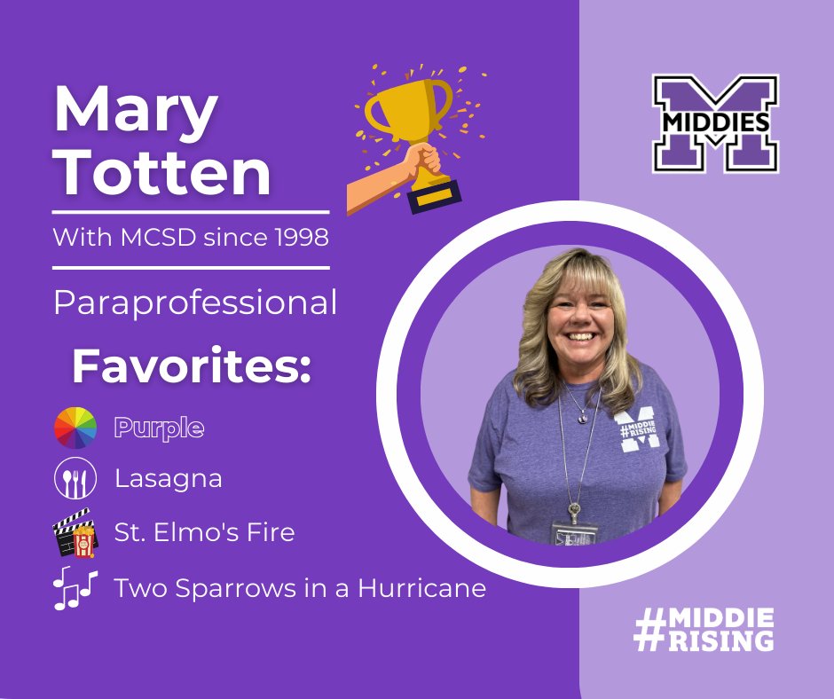 🏆 Our #MiddieChampions series highlights an elite group of employees. Mary Totten, a paraprofessional at @MMSMiddies, has been an invaluable part of our Middie family, and we're grateful for the wealth of experience she brings to every student she encounters. #MiddieRising
