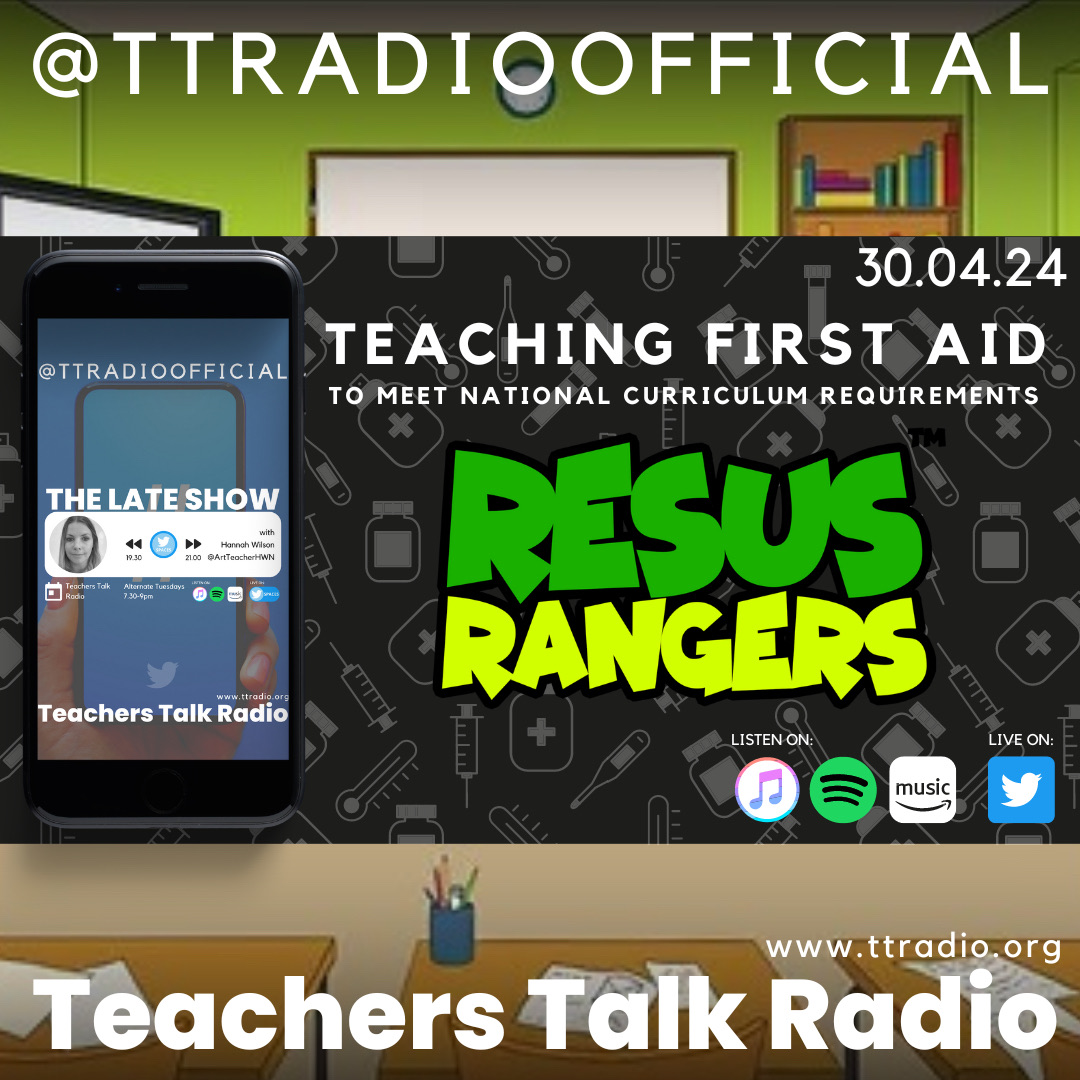 45 minutes until the Late Show with @ArtTeacherHWN on YouTube! 

Join Hannah as she explores teaching first aid with guest @ResusRangers. 

Follow us and listen in using the below link 👇

youtube.com/watch?v=yiaho4… 

Tune in. Talk it Out!

#TTRadio