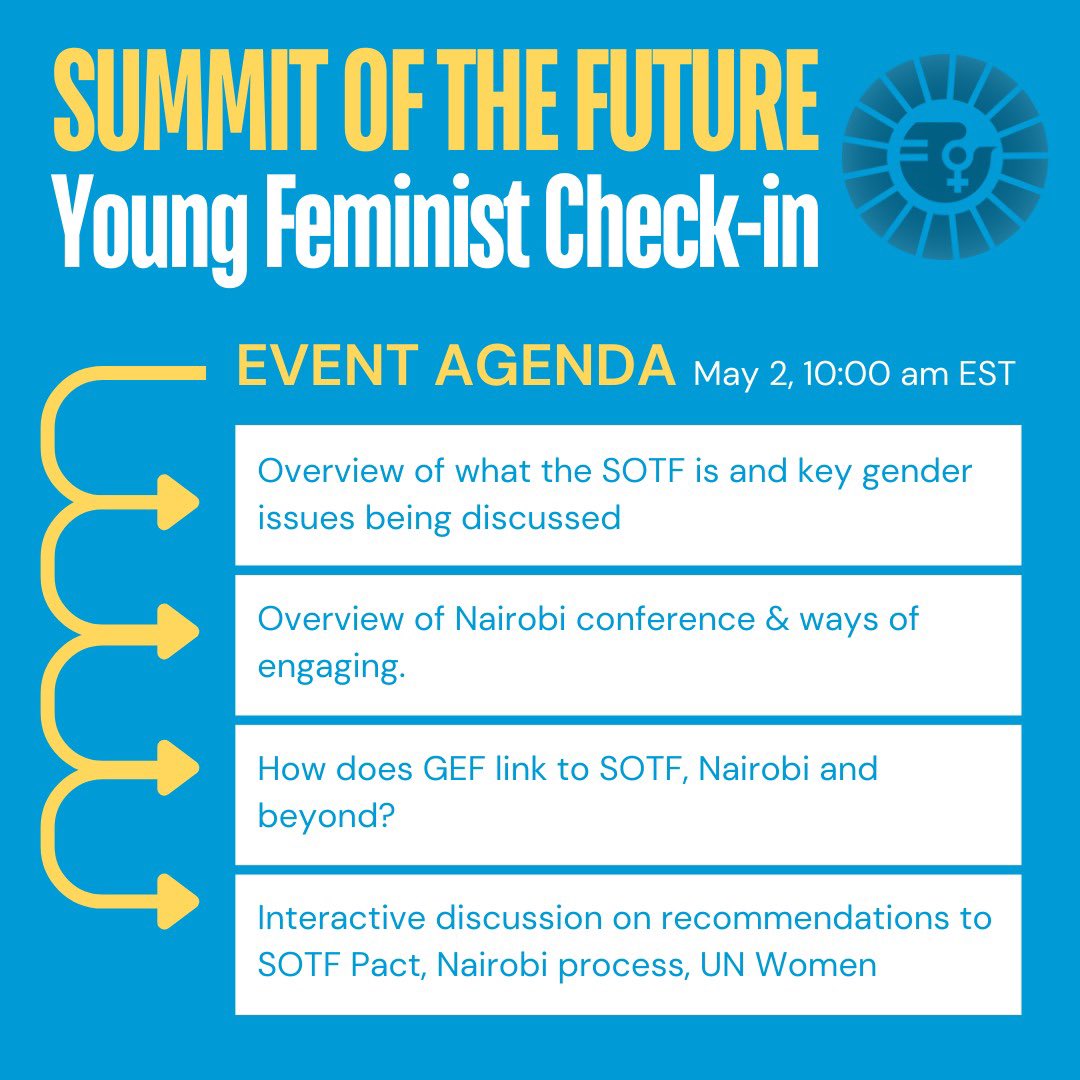 🚨 The Young Feminist Caucus is hosting a Young Feminist Check-in on the Summit of the Future! 📅 Thursday 2nd May, 2024 ⏰ 10:00 AM - 12:30 PM EST 📍 Via zoom! 🔗 lnk.bio/s/FBki/4af3d Open to all youth activists, Eng-Spanish interpretation available.