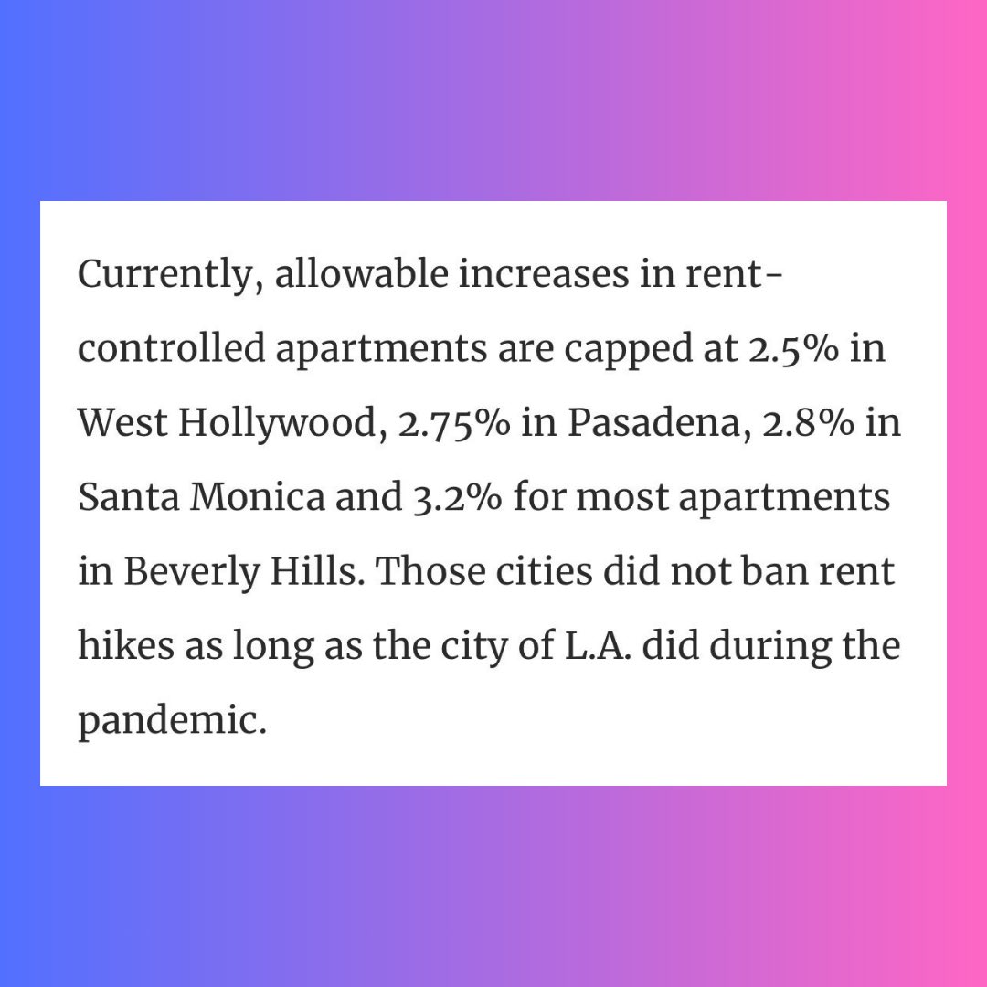 LA's rent control system is broken. Currently, LA allows rent increases up to 8-10% in some years for *rent-stabilized units* Compare that to: 2.5% in WeHo 2.75% in Pasadena 2.8% in Santa Monica 3% in LA county 3.2% in Beverly Hills