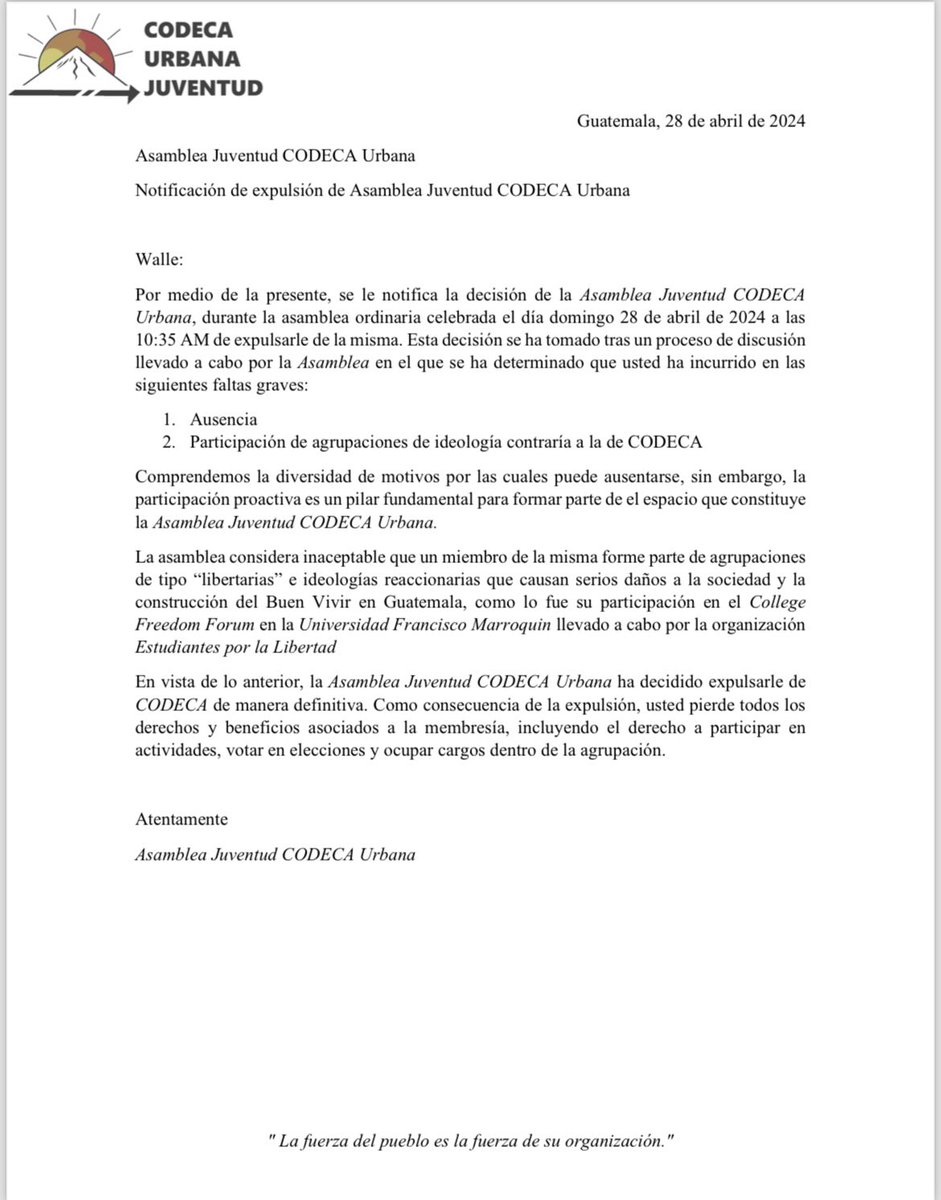 Aclaro soy libre de pensar diferente y si asisto en actividades no es para tomar una idea política o seguir un camino ideológico, me gusta saber sobre todo lo que me rodea a lo que en la carta supuestamente justifican esto: 

Pura excusa para sacarme:
+