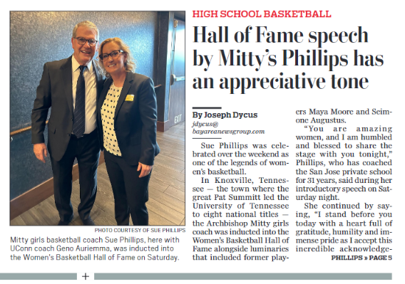 📰FRONT PAGE NEWS📰 Pick up a copy of today's @mercnews/@EastBayTimes paper to read about @mitty_wbb's Hall of Fame coach @coachsphillips, pictured here with @UConnWBB's @GenoAjustsayin. You can read all about it online too 👀 Story: mercurynews.com/2024/04/29/wha…