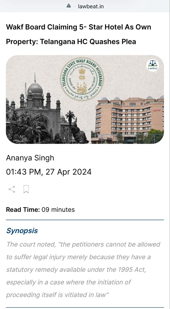 Yesterday it was Viceroy in Hyderabad.
Today it’s ITC in Bangalore.

This waqf board is a menace.

Commoners are suffering a lot. These big hotels with their money-power go to court and get relief, but what about the common people in TamilNadu & Telangana who are affected by this…