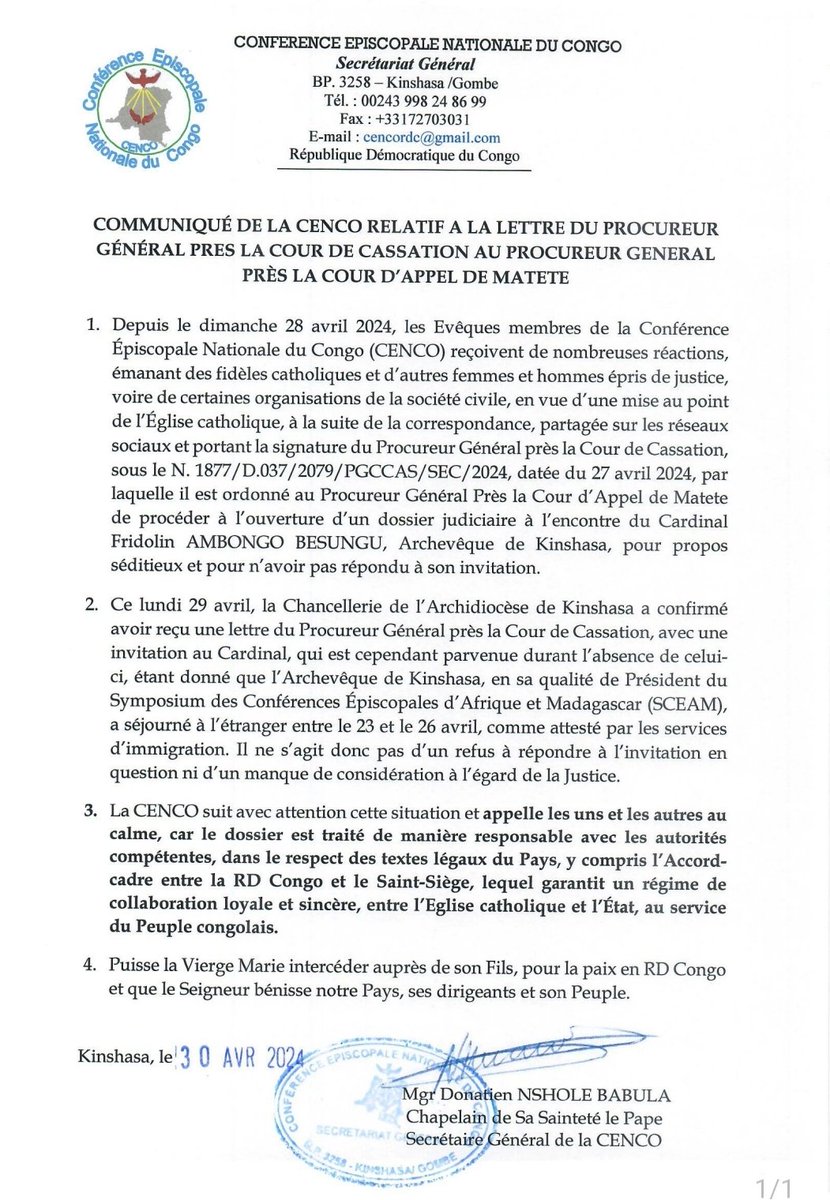 #RDC | Lettre du PG près la cour de cassation au PG près la cour d'appel de Matete : 'La @CENCO__RDC suit avec attention cette situation et appelle les uns et les autres au calme, car le dossier est traité de manière responsable avec les autorités compétentes, dans le respect des