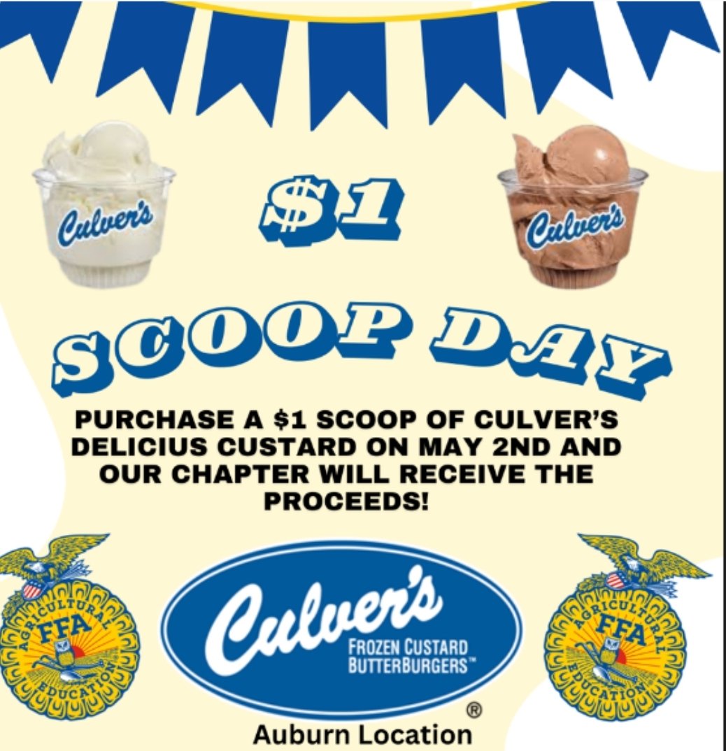 Please support the BHS FFA!
Culvers, near the Auburn Mall, is sponsoring a spirit night event on Thursday,  May 2nd, between 5:00 pm and 8:00 pm. The FFA will receive 10% of all sales. 
All day, you may purchase a $1 scoop of custard for “Scoops of Thanks” Day at Culvers.