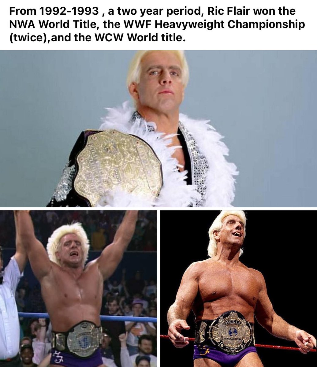 Interesting fact about @RicFlairNatrBoy 
Something we’ll probably never see again. Closest thing will be @AJStylesOrg winning the @njpwworld and @WWE title in a 2 year span. #wrestling #WrestleMania #WWE