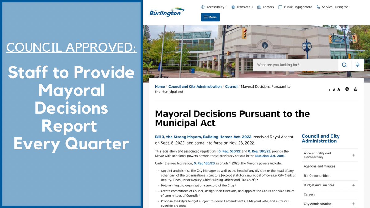 At our April 16 meeting, #BurlON Council unanimously approved having staff provide Council and the public with a Quarterly Mayoral Decisions report — a quarterly summary of the Mayoral Decisions that are posted regularly online in real time on the City’s dedicated webpage. This