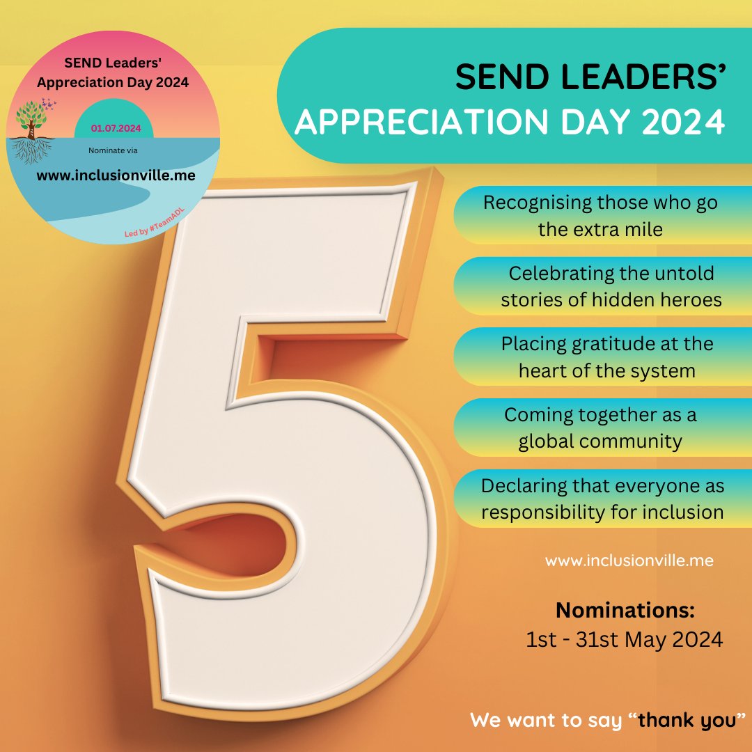 It is 1st May 2024 - that means nominations for SEND Leaders' Appreciation Day #SLAD2024 are open. Our 5th year of celebrating those who go above and beyond for #SEND Dedicated to Sir Tim Nominate your SEND Hero teamadl.uk/send-leaders-a… View previous years through the main page.