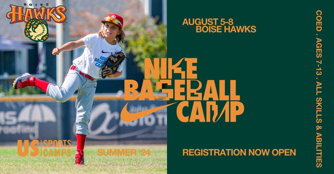 The Boise Hawks & @ussportscamps will be hosting a Nike Baseball Camp this summer at Memorial Stadium! 📅August 5-8 😃Ages 7-13 Campers will focus on fielding, hitting, and base running, all while enhancing their knowledge of the game! Register now: bit.ly/HawksNikeBaseb…